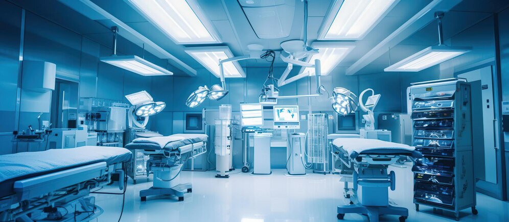 Imagem de uma sala de cirurgia com aparelho robótico para simbolizar a cirurgia robótica